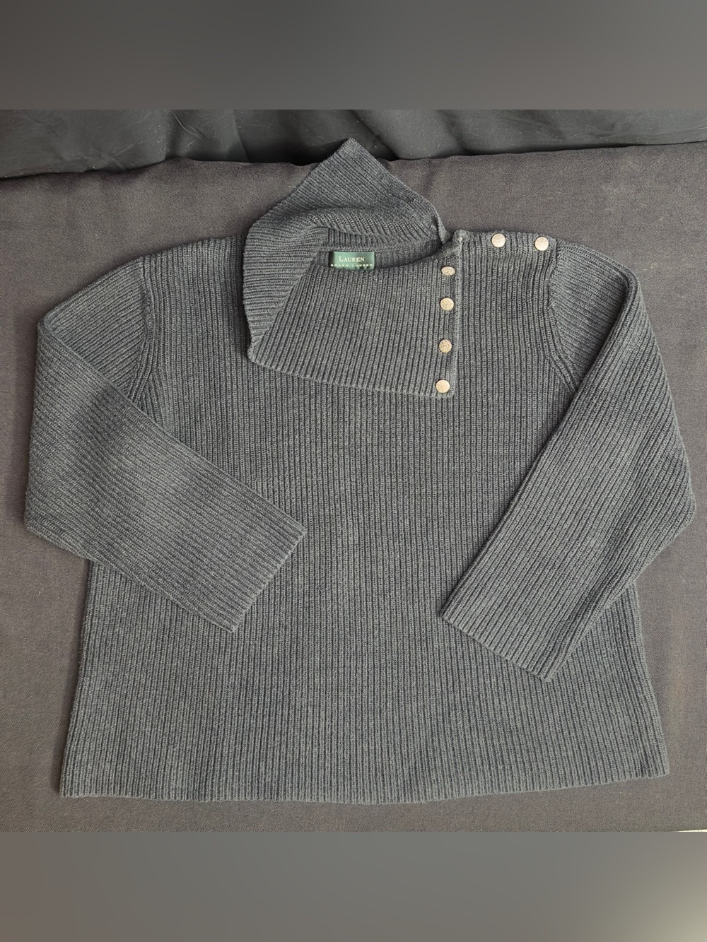 Lauren Ralph Lauren Charcoal Ribbed Button-Shoulder Turtleneck Sweater